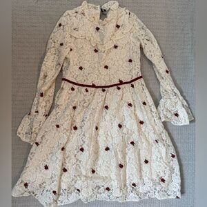 Janie and Jack Cream Lace Dress with Red Floral Embellishments
